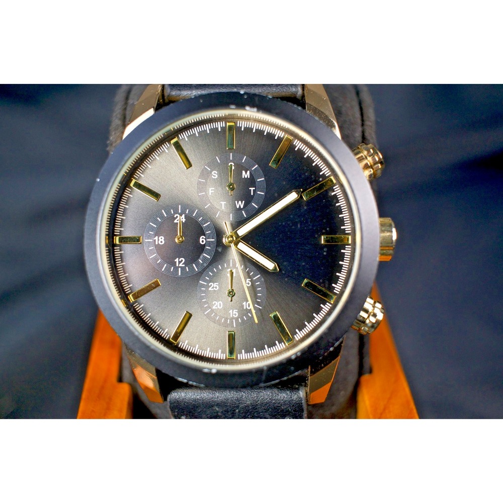 Unbranded 50014 Quartz Multifunction Watch Black Dial Gold Tone Leather Strap